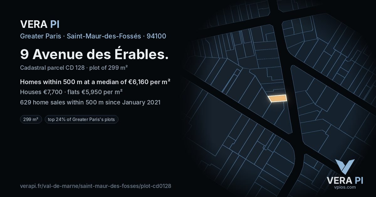 9 Avenue des Érables, Saint-Maur-des-Fossés at night – the plot lit, the parcels around coloured by the prices near them