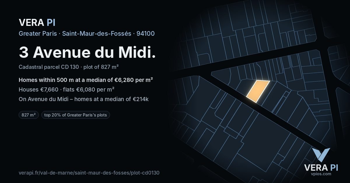 3 Avenue du Midi, Saint-Maur-des-Fossés at night – the plot lit, the parcels around coloured by the prices near them