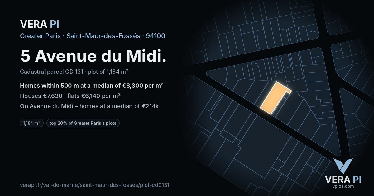 5 Avenue du Midi, Saint-Maur-des-Fossés at night – the plot lit, the parcels around coloured by the prices near them