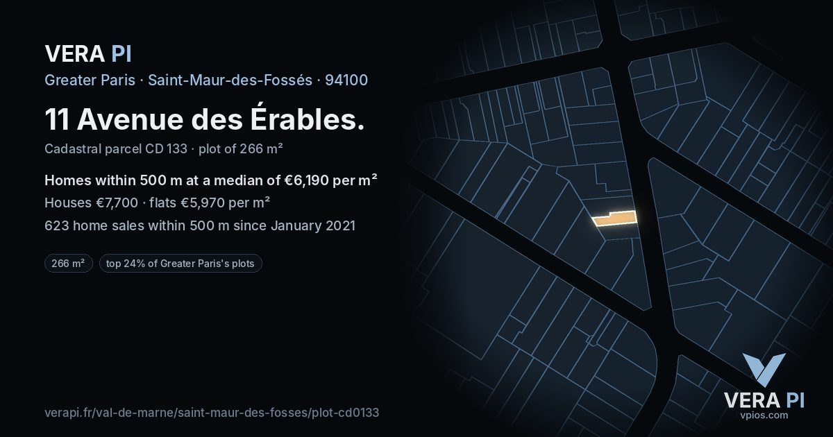 11 Avenue des Érables, Saint-Maur-des-Fossés at night – the plot lit, the parcels around coloured by the prices near them