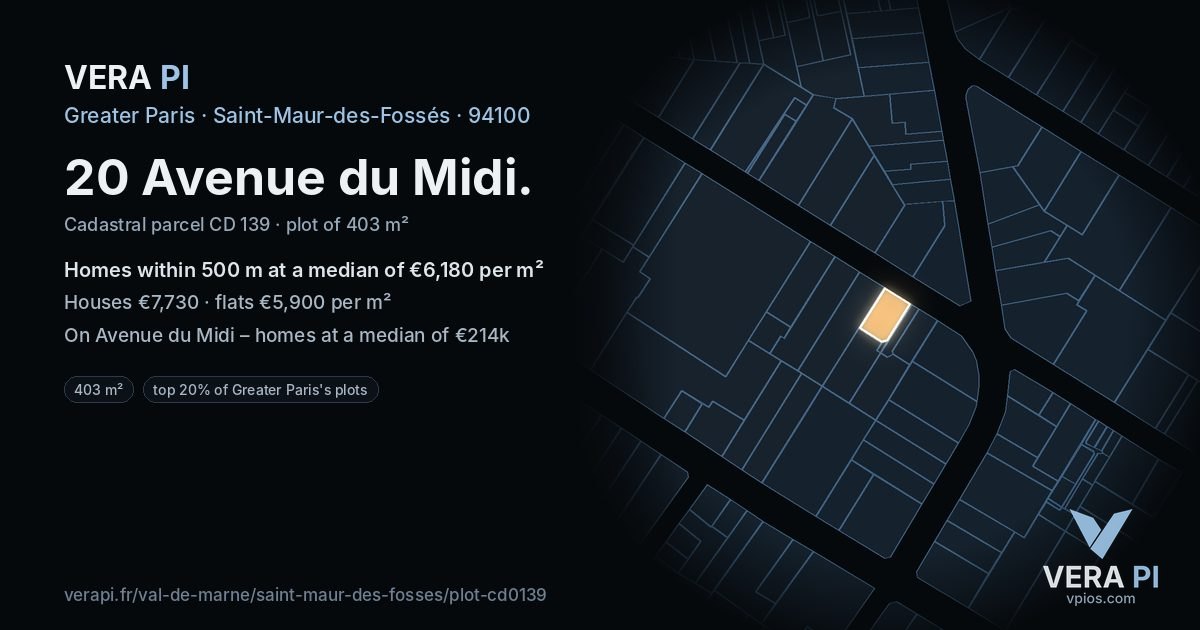 20 Avenue du Midi, Saint-Maur-des-Fossés at night – the plot lit, the parcels around coloured by the prices near them