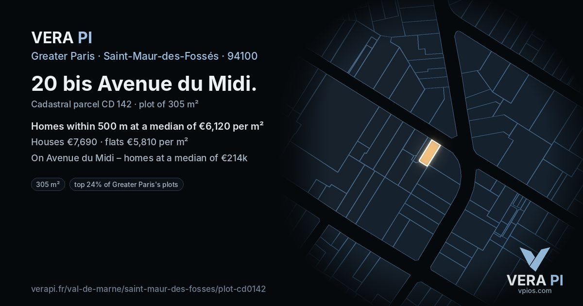 20 bis Avenue du Midi, Saint-Maur-des-Fossés at night – the plot lit, the parcels around coloured by the prices near them