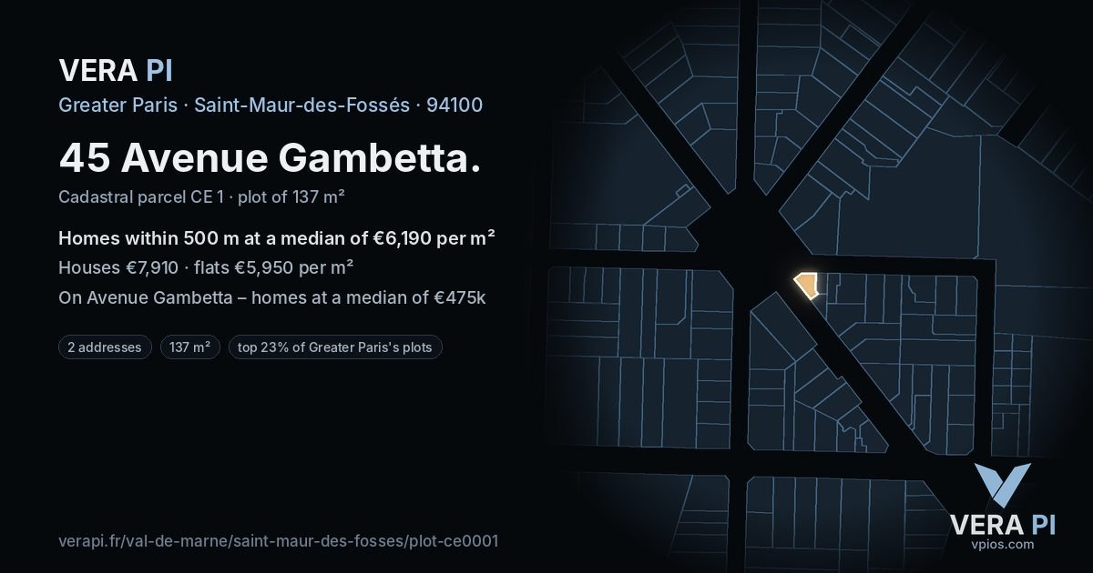 45 Avenue Gambetta, Saint-Maur-des-Fossés at night – the plot lit, the parcels around coloured by the prices near them