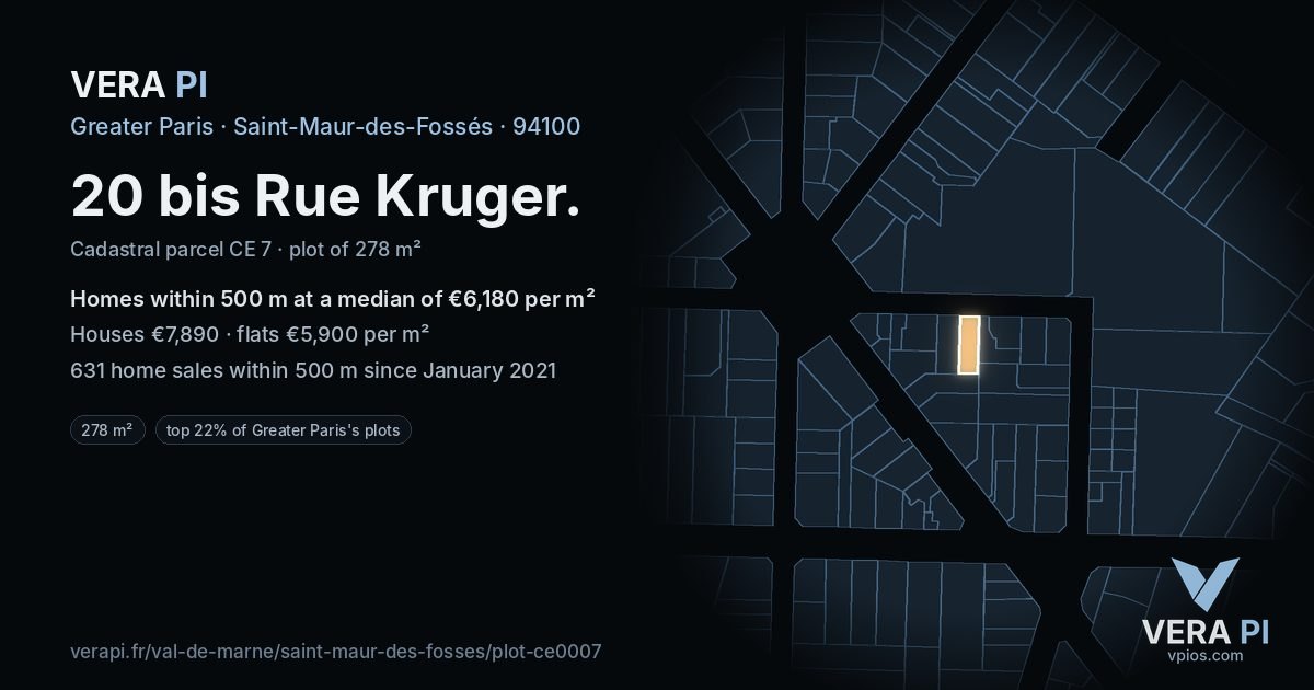 20 bis Rue Kruger, Saint-Maur-des-Fossés at night – the plot lit, the parcels around coloured by the prices near them
