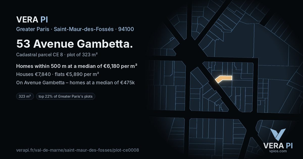 53 Avenue Gambetta, Saint-Maur-des-Fossés at night – the plot lit, the parcels around coloured by the prices near them