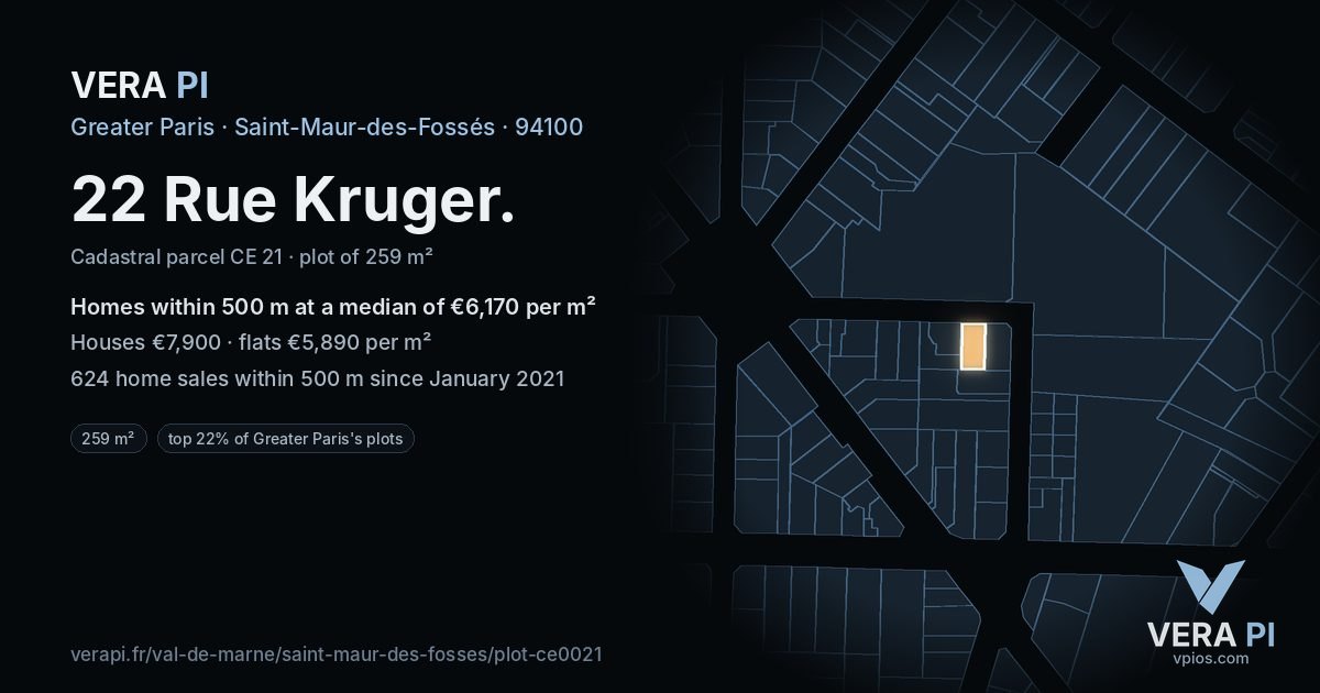 22 Rue Kruger, Saint-Maur-des-Fossés at night – the plot lit, the parcels around coloured by the prices near them