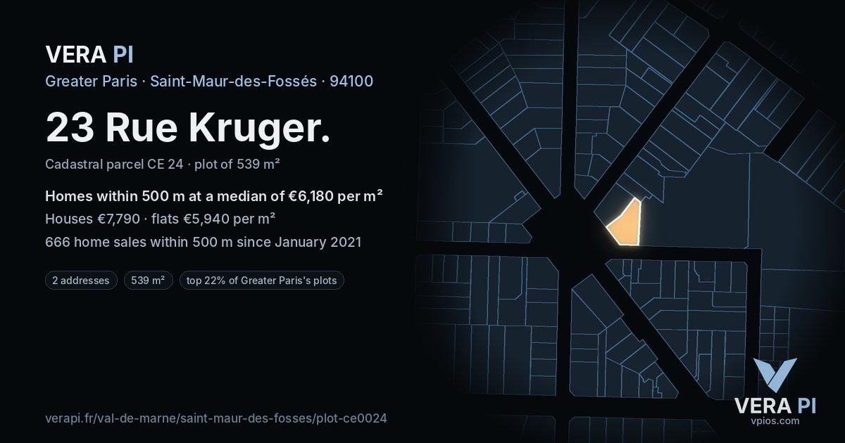 23 Rue Kruger, Saint-Maur-des-Fossés at night – the plot lit, the parcels around coloured by the prices near them