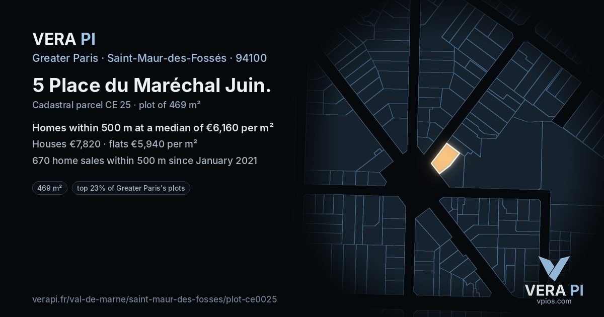 5 Place du Maréchal Juin, Saint-Maur-des-Fossés at night – the plot lit, the parcels around coloured by the prices near them