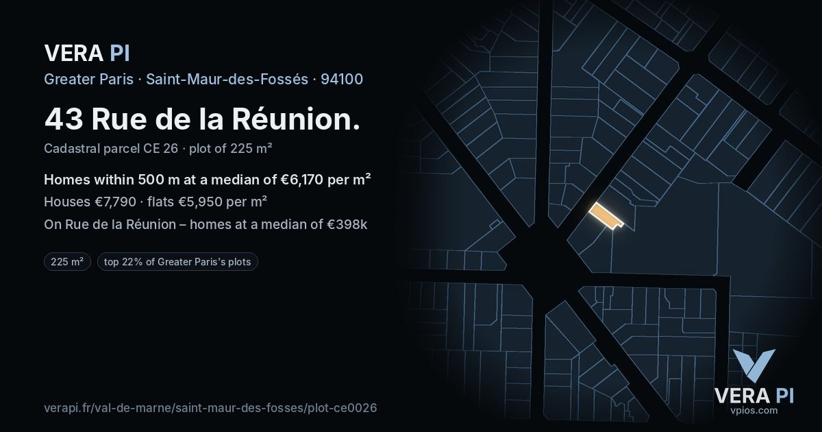 43 Rue de la Réunion, Saint-Maur-des-Fossés at night – the plot lit, the parcels around coloured by the prices near them