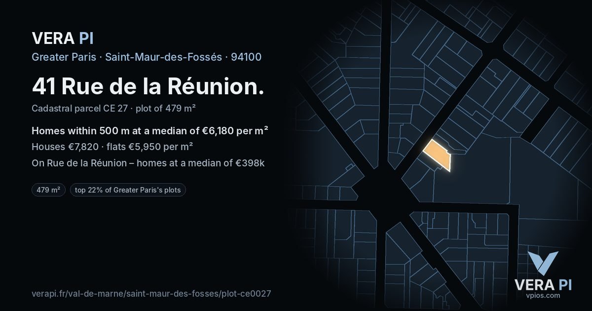 41 Rue de la Réunion, Saint-Maur-des-Fossés at night – the plot lit, the parcels around coloured by the prices near them