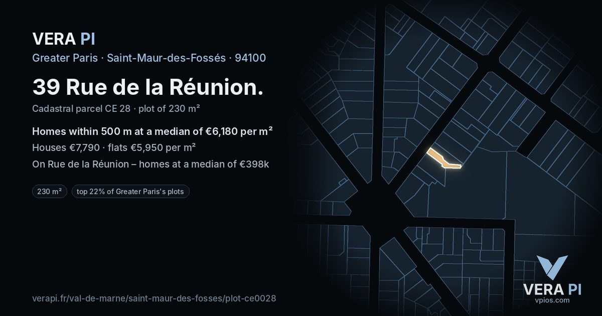 39 Rue de la Réunion, Saint-Maur-des-Fossés at night – the plot lit, the parcels around coloured by the prices near them