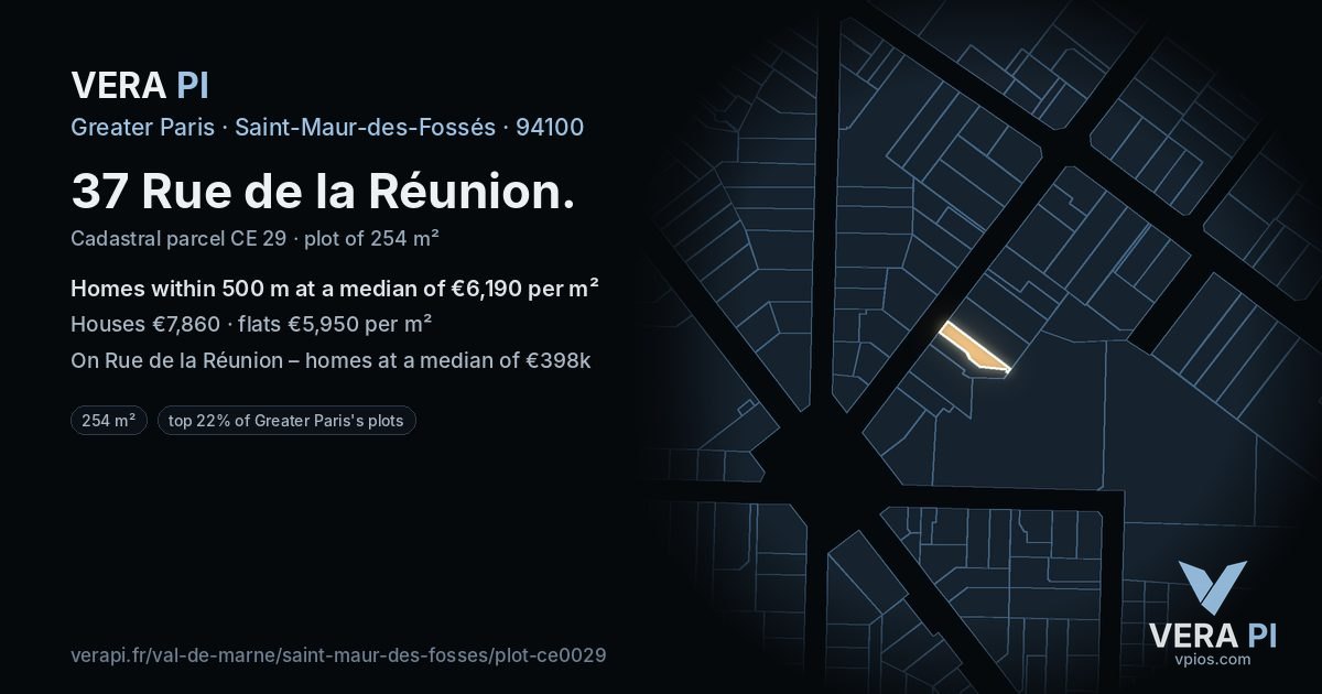37 Rue de la Réunion, Saint-Maur-des-Fossés at night – the plot lit, the parcels around coloured by the prices near them