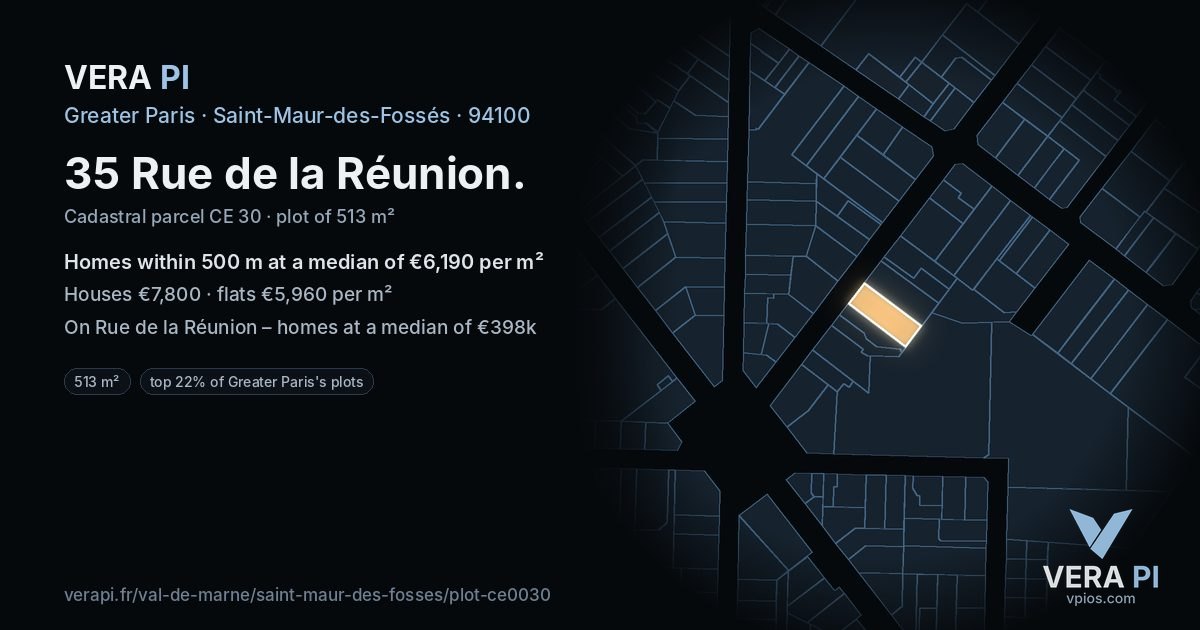 35 Rue de la Réunion, Saint-Maur-des-Fossés at night – the plot lit, the parcels around coloured by the prices near them