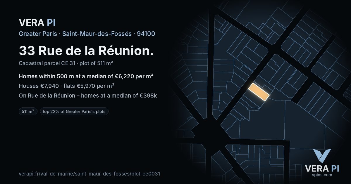 33 Rue de la Réunion, Saint-Maur-des-Fossés at night – the plot lit, the parcels around coloured by the prices near them