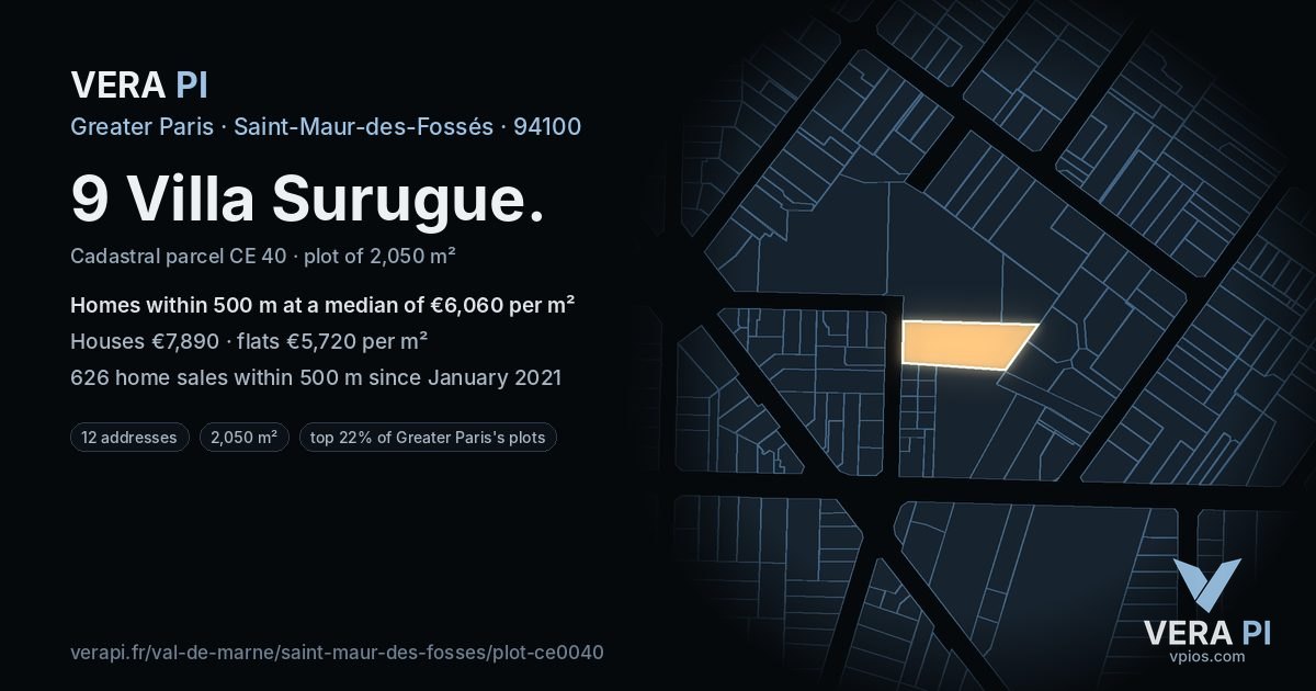 9 Villa Surugue, Saint-Maur-des-Fossés at night – the plot lit, the parcels around coloured by the prices near them