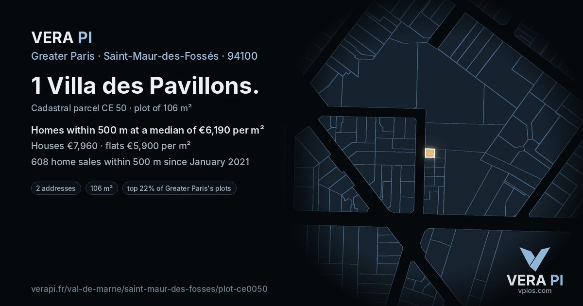 1 Villa des Pavillons, Saint-Maur-des-Fossés at night – the plot lit, the parcels around coloured by the prices near them