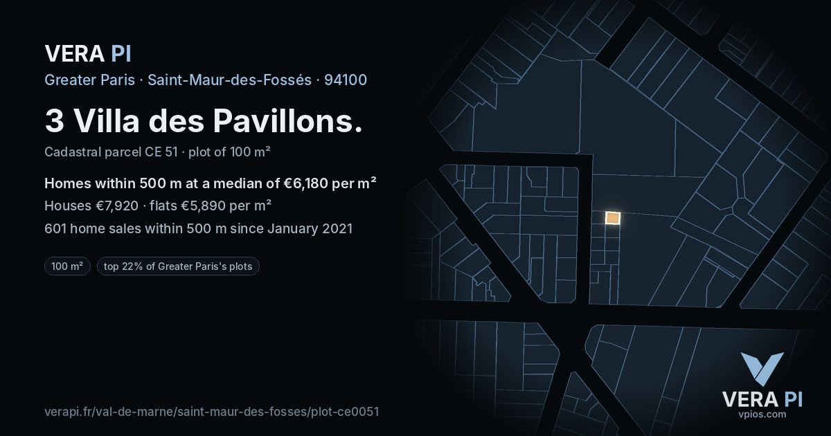 3 Villa des Pavillons, Saint-Maur-des-Fossés at night – the plot lit, the parcels around coloured by the prices near them