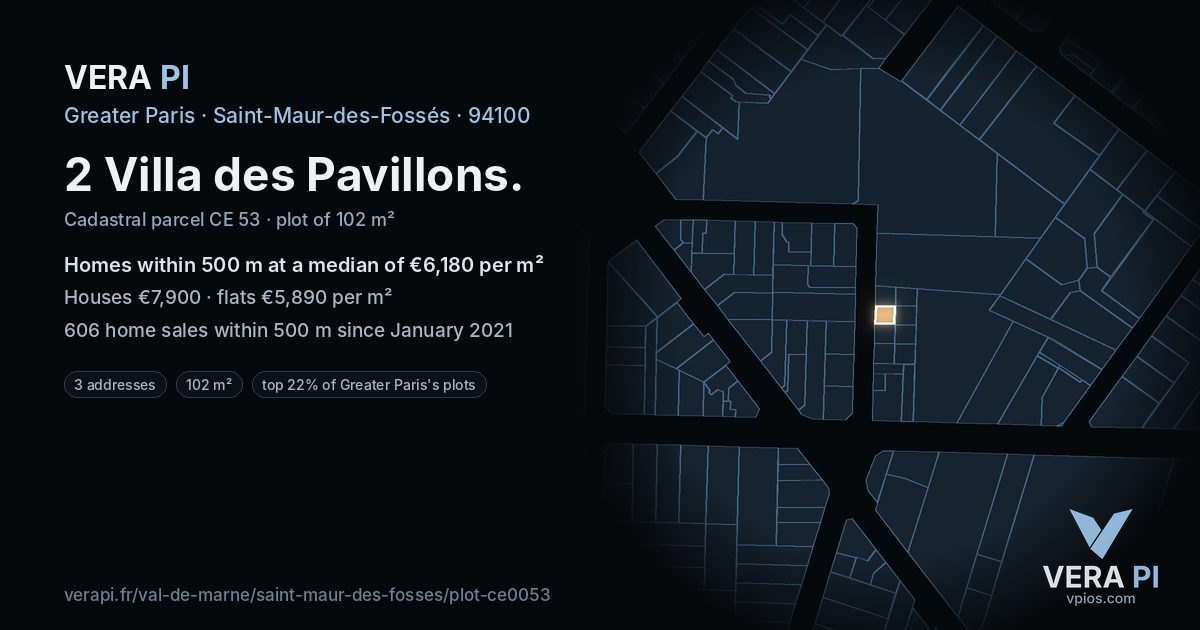 2 Villa des Pavillons, Saint-Maur-des-Fossés at night – the plot lit, the parcels around coloured by the prices near them