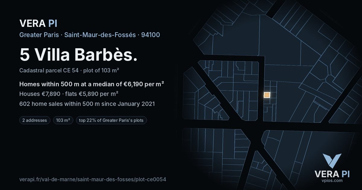 5 Villa Barbès, Saint-Maur-des-Fossés at night – the plot lit, the parcels around coloured by the prices near them
