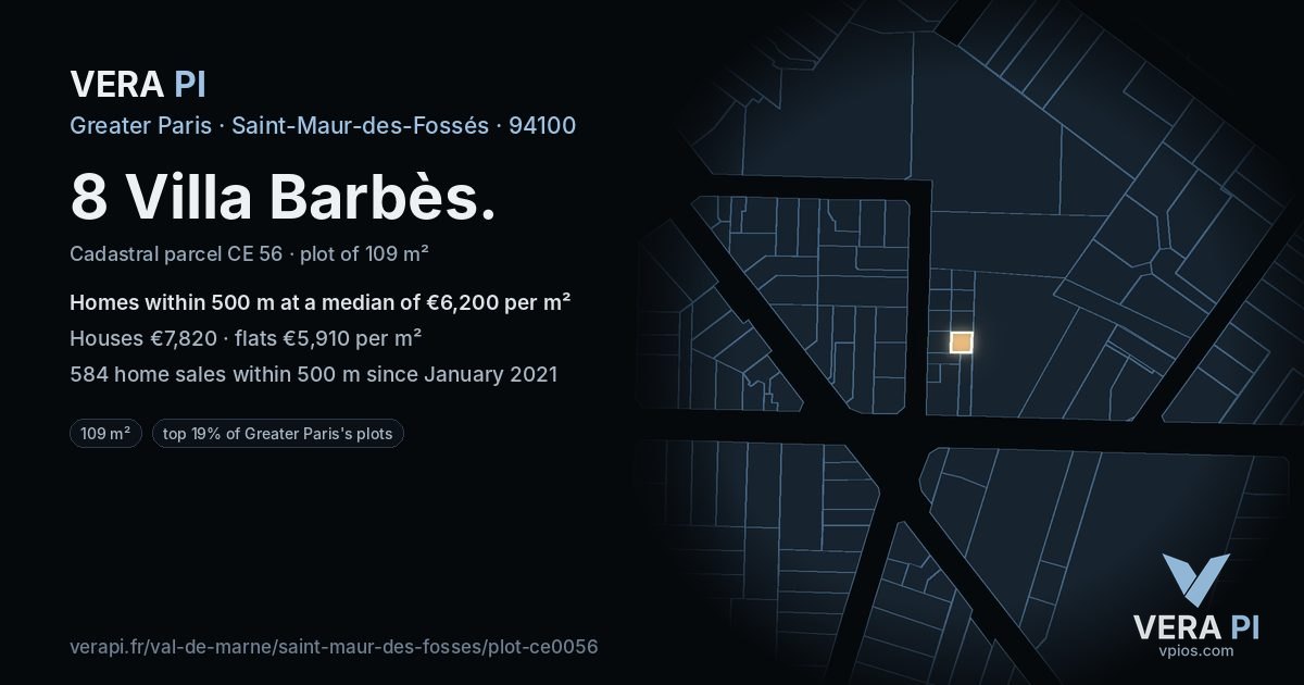 8 Villa Barbès, Saint-Maur-des-Fossés at night – the plot lit, the parcels around coloured by the prices near them