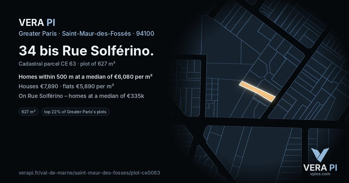 34 bis Rue Solférino, Saint-Maur-des-Fossés at night – the plot lit, the parcels around coloured by the prices near them