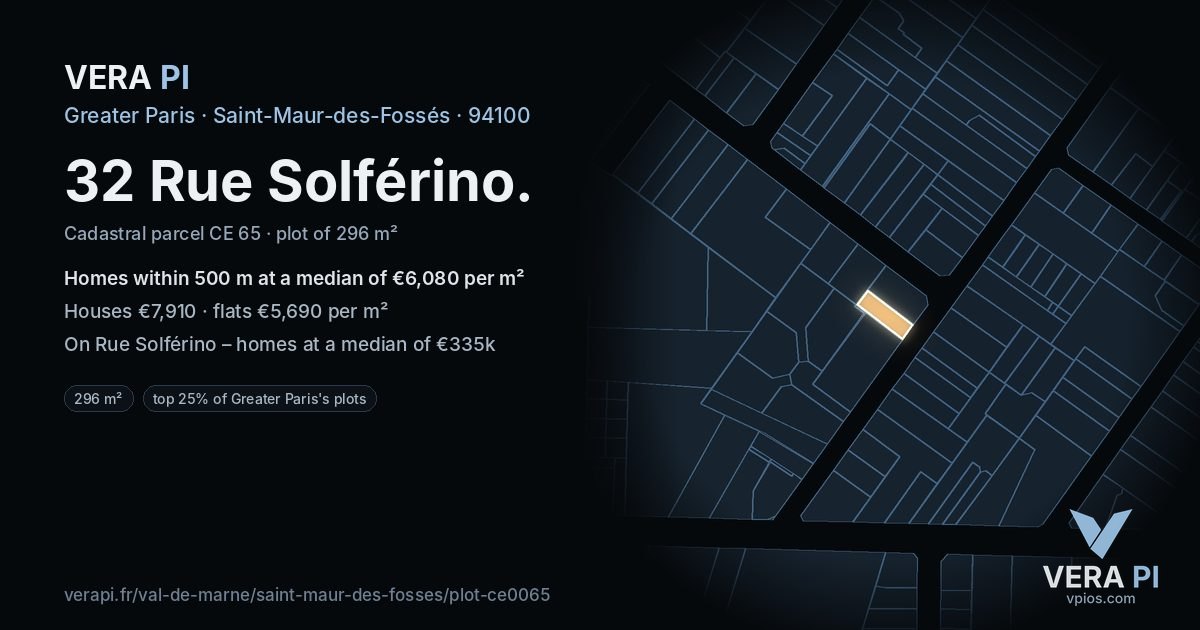 32 Rue Solférino, Saint-Maur-des-Fossés at night – the plot lit, the parcels around coloured by the prices near them