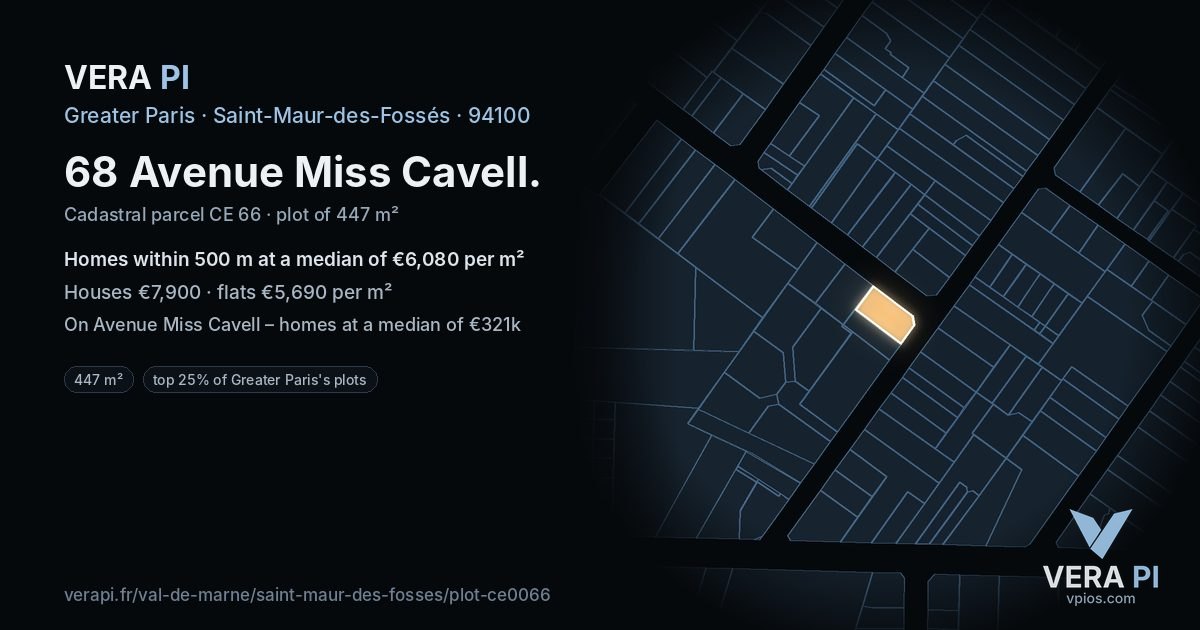 68 Avenue Miss Cavell, Saint-Maur-des-Fossés at night – the plot lit, the parcels around coloured by the prices near them