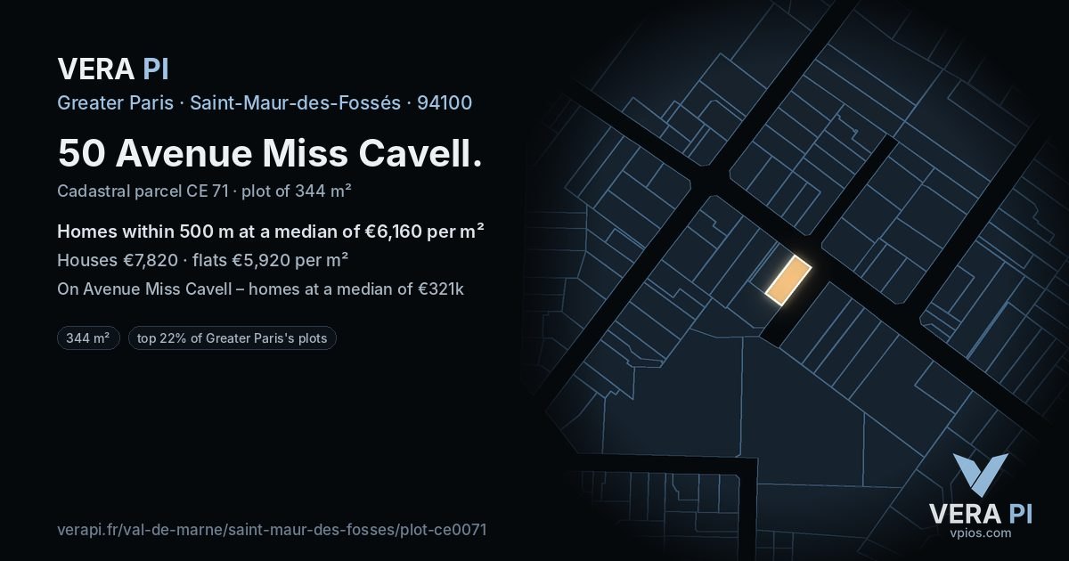50 Avenue Miss Cavell, Saint-Maur-des-Fossés at night – the plot lit, the parcels around coloured by the prices near them