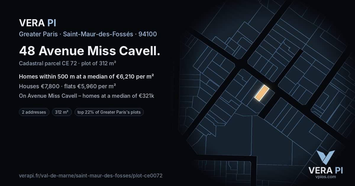 48 Avenue Miss Cavell, Saint-Maur-des-Fossés at night – the plot lit, the parcels around coloured by the prices near them