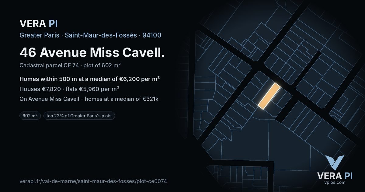 46 Avenue Miss Cavell, Saint-Maur-des-Fossés at night – the plot lit, the parcels around coloured by the prices near them