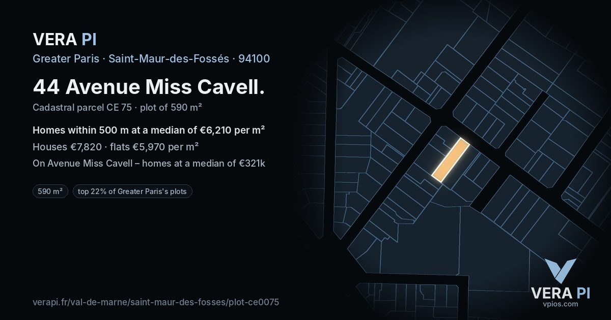 44 Avenue Miss Cavell, Saint-Maur-des-Fossés at night – the plot lit, the parcels around coloured by the prices near them