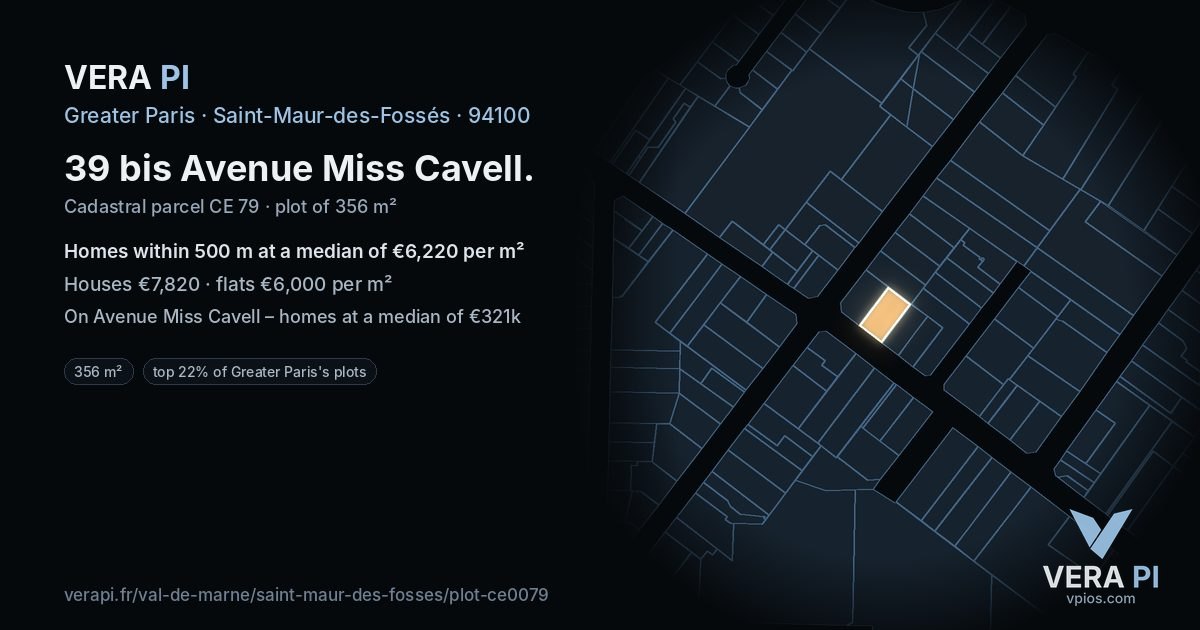 39 bis Avenue Miss Cavell, Saint-Maur-des-Fossés at night – the plot lit, the parcels around coloured by the prices near them
