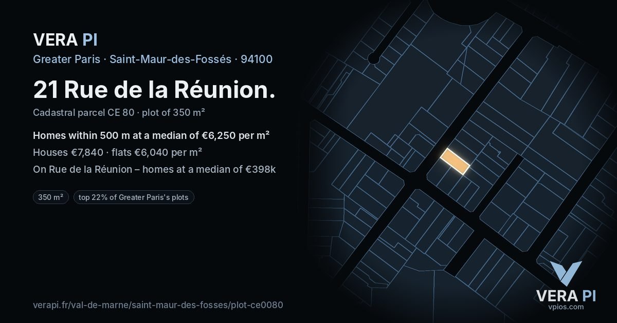 21 Rue de la Réunion, Saint-Maur-des-Fossés at night – the plot lit, the parcels around coloured by the prices near them