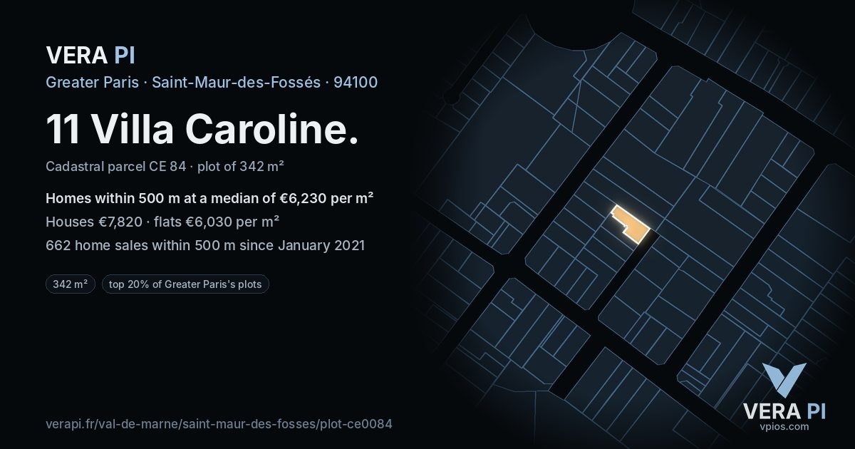 11 Villa Caroline, Saint-Maur-des-Fossés at night – the plot lit, the parcels around coloured by the prices near them