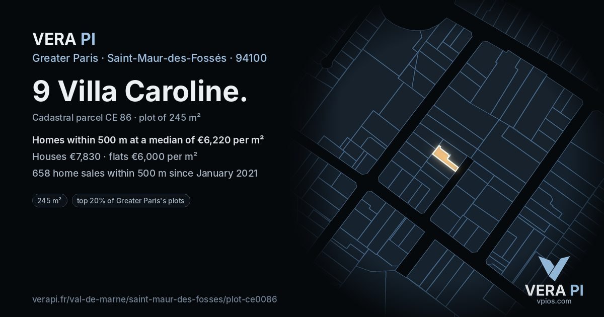 9 Villa Caroline, Saint-Maur-des-Fossés at night – the plot lit, the parcels around coloured by the prices near them
