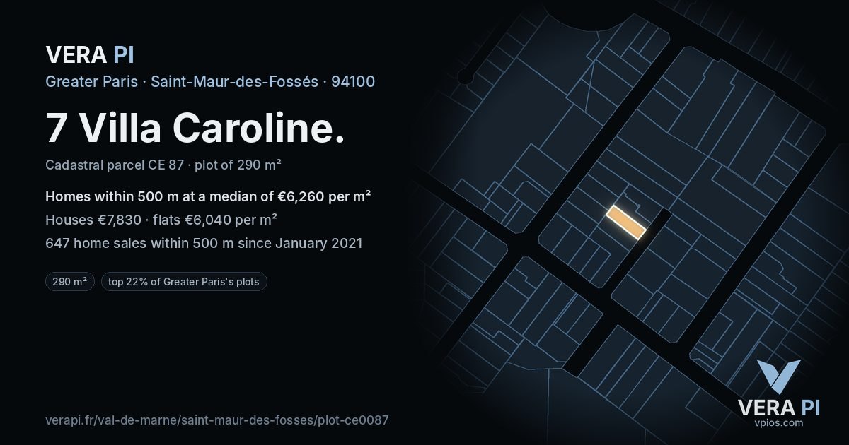 7 Villa Caroline, Saint-Maur-des-Fossés at night – the plot lit, the parcels around coloured by the prices near them