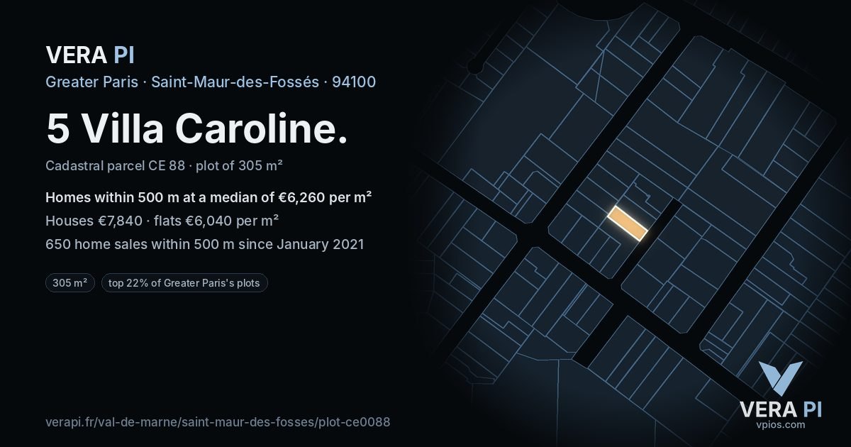 5 Villa Caroline, Saint-Maur-des-Fossés at night – the plot lit, the parcels around coloured by the prices near them