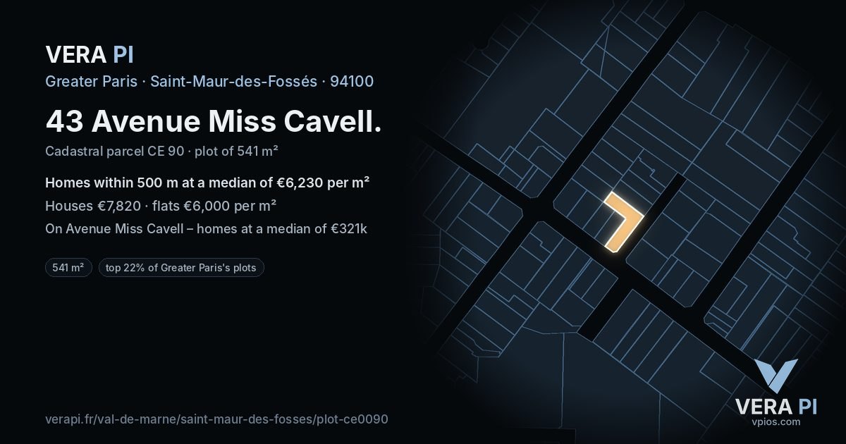 43 Avenue Miss Cavell, Saint-Maur-des-Fossés at night – the plot lit, the parcels around coloured by the prices near them