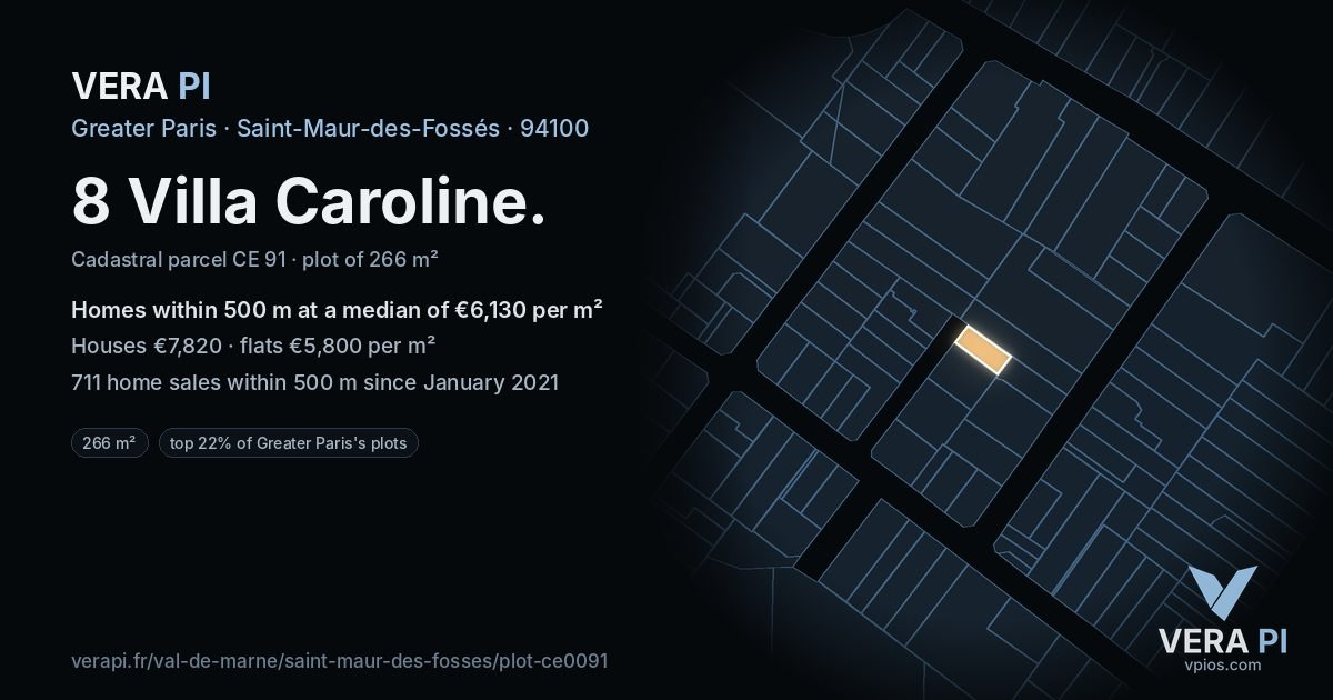 8 Villa Caroline, Saint-Maur-des-Fossés at night – the plot lit, the parcels around coloured by the prices near them