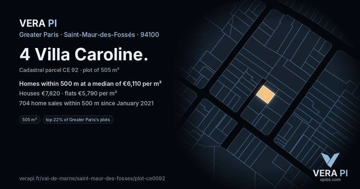 4 Villa Caroline, Saint-Maur-des-Fossés at night – the plot lit, the parcels around coloured by the prices near them