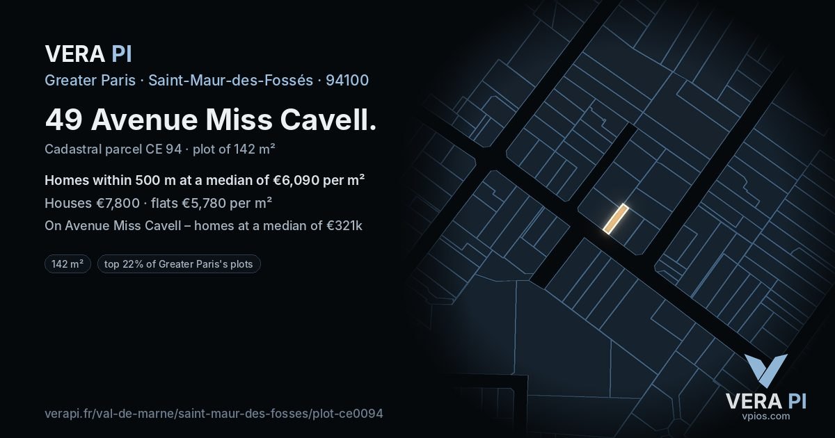 49 Avenue Miss Cavell, Saint-Maur-des-Fossés at night – the plot lit, the parcels around coloured by the prices near them