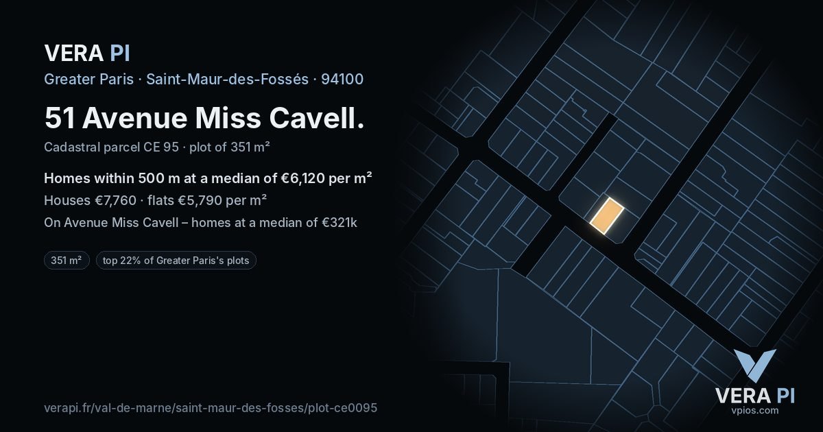 51 Avenue Miss Cavell, Saint-Maur-des-Fossés at night – the plot lit, the parcels around coloured by the prices near them