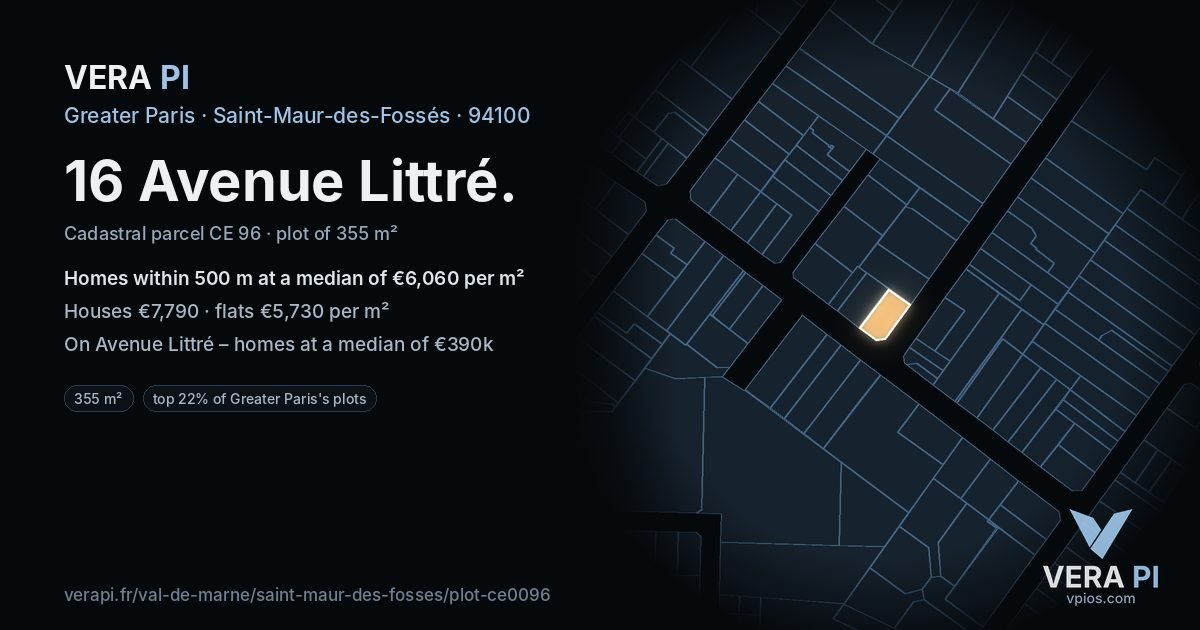 16 Avenue Littré, Saint-Maur-des-Fossés at night – the plot lit, the parcels around coloured by the prices near them