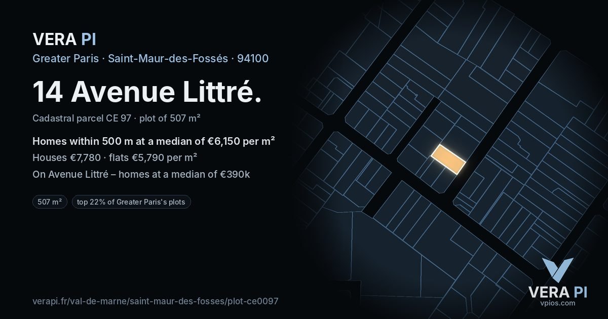 14 Avenue Littré, Saint-Maur-des-Fossés at night – the plot lit, the parcels around coloured by the prices near them