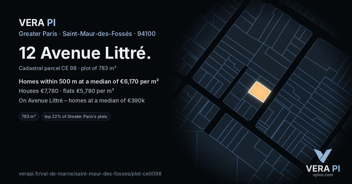 12 Avenue Littré, Saint-Maur-des-Fossés at night – the plot lit, the parcels around coloured by the prices near them