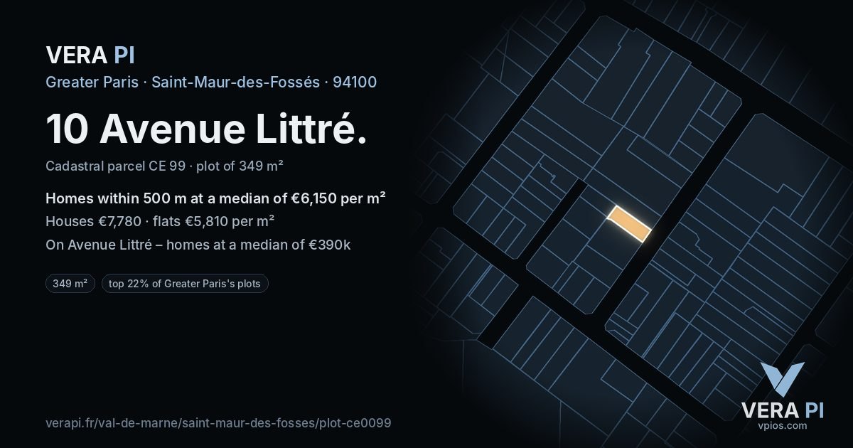 10 Avenue Littré, Saint-Maur-des-Fossés at night – the plot lit, the parcels around coloured by the prices near them