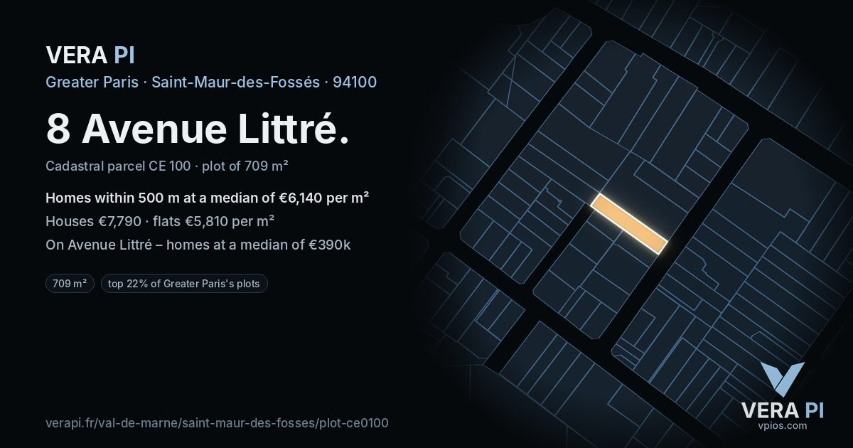 8 Avenue Littré, Saint-Maur-des-Fossés at night – the plot lit, the parcels around coloured by the prices near them