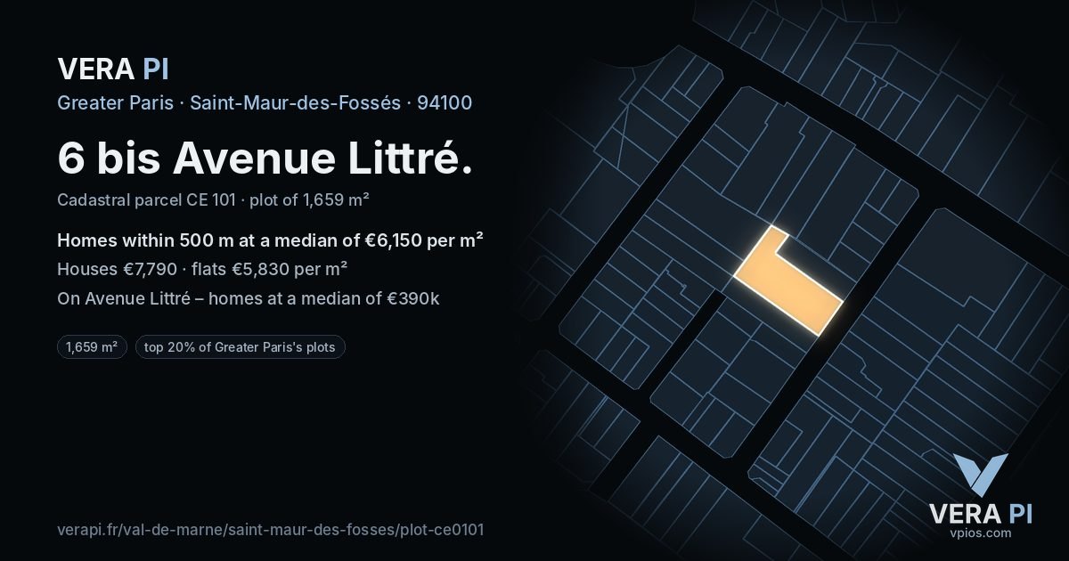6 bis Avenue Littré, Saint-Maur-des-Fossés at night – the plot lit, the parcels around coloured by the prices near them