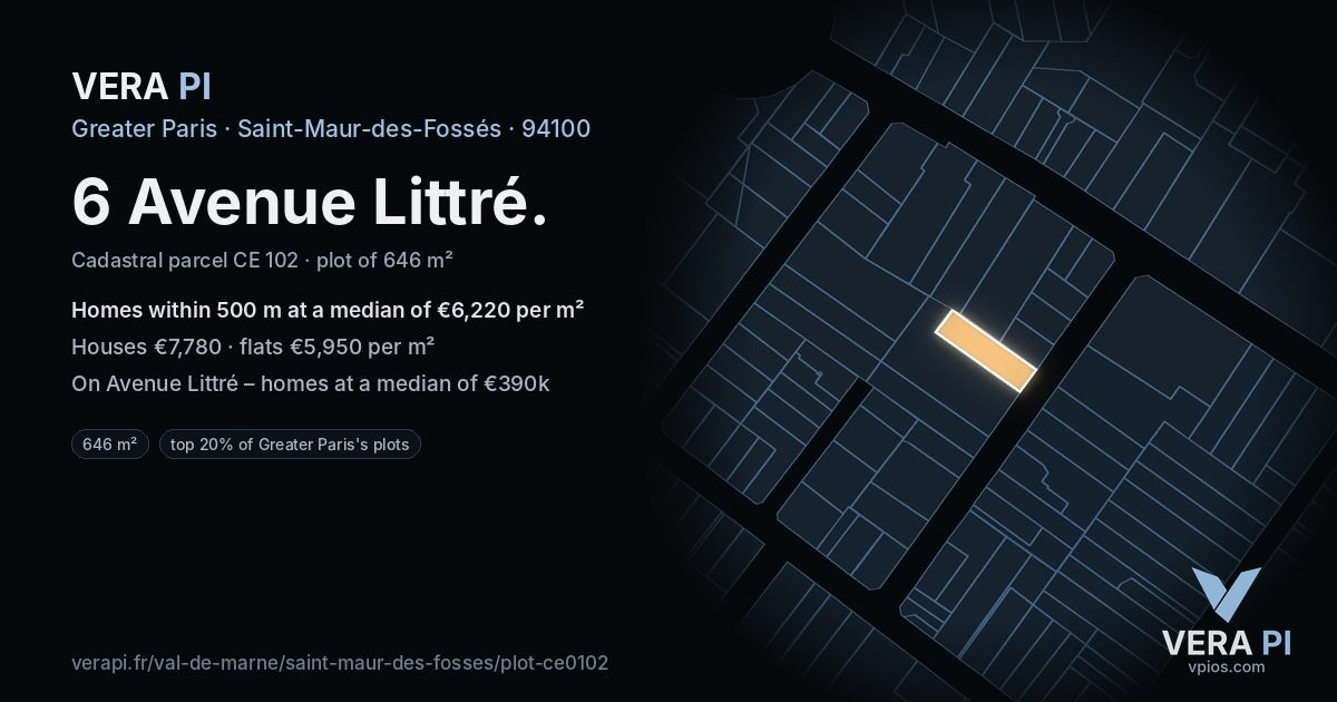 6 Avenue Littré, Saint-Maur-des-Fossés at night – the plot lit, the parcels around coloured by the prices near them