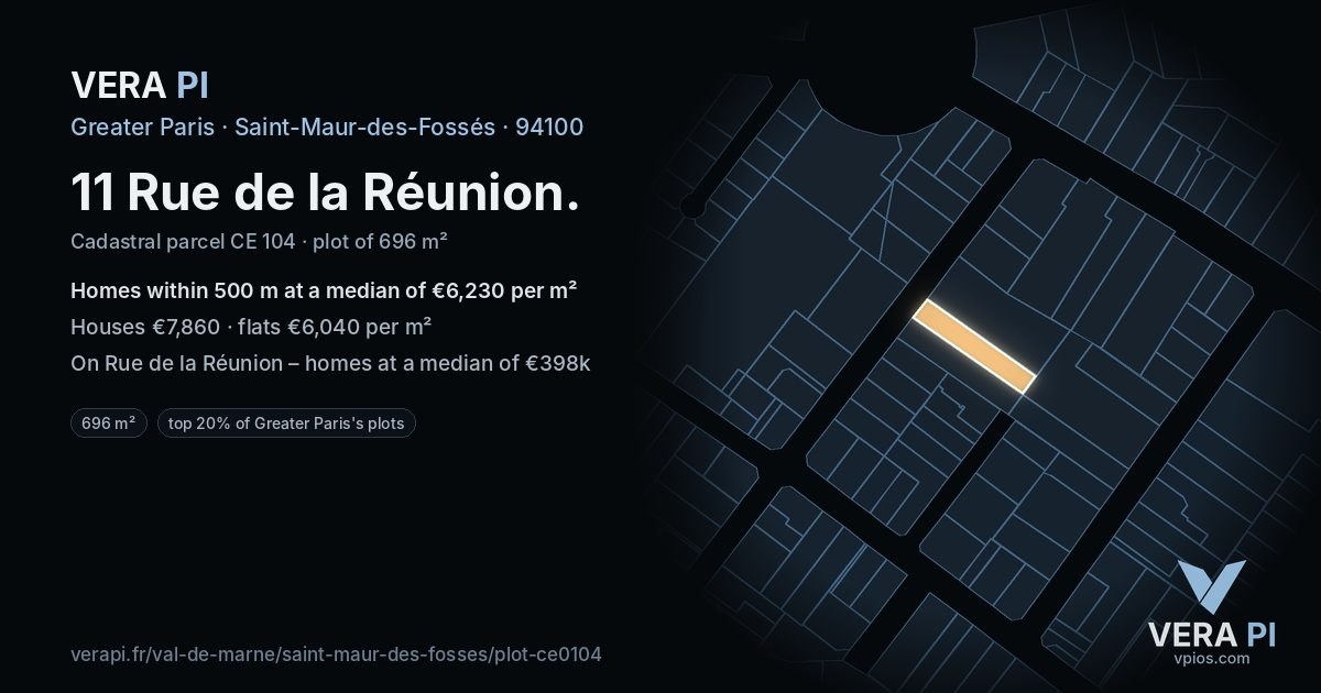 11 Rue de la Réunion, Saint-Maur-des-Fossés at night – the plot lit, the parcels around coloured by the prices near them